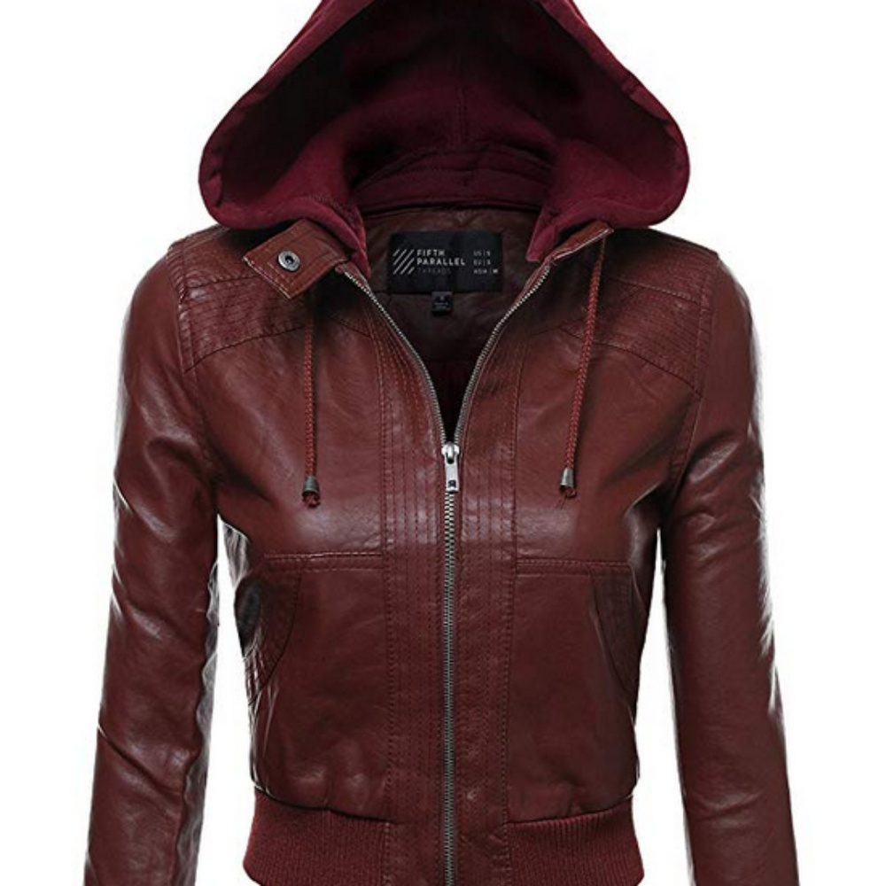 Wine/Red Womens Faux Leather Zip-Up Jacket